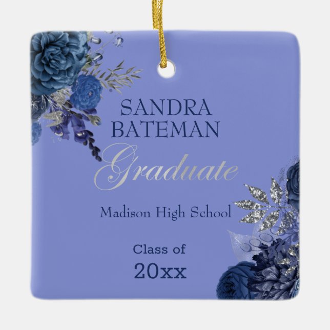 Blue Purple Flowers | Silver Graduation Keepsake   Ceramic Ornament (Front)