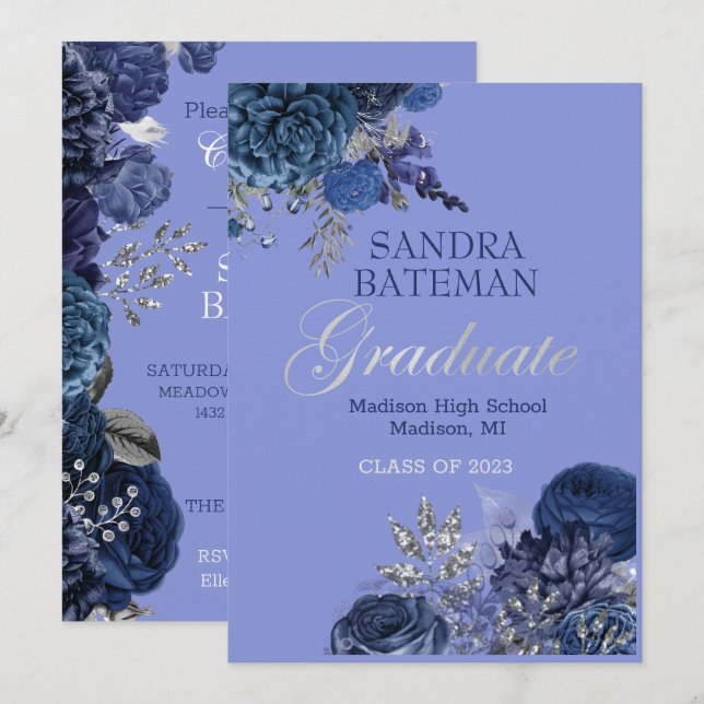 Blue Purple Flowers | Silver Graduation Party Announcement (Front/Back)