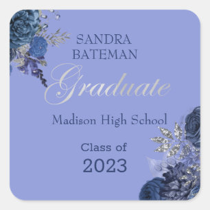 Blue Purple Flowers   Silver Graduation Sticker