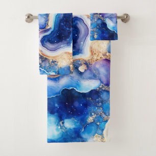 Blue Purple Geode Abstract with Beige Swirl Layers Bath Towel Set