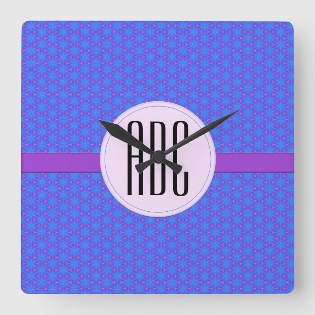 Blue Purple Geometric Personalised Monogram Square Wall Clock (Front)