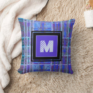 Blue Purple Geometric Watercolor Monogram Cushion