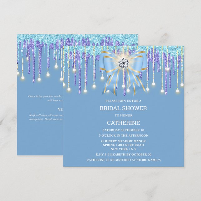 Blue purple glitter diamond bow shimmer lights invitation (Front/Back)