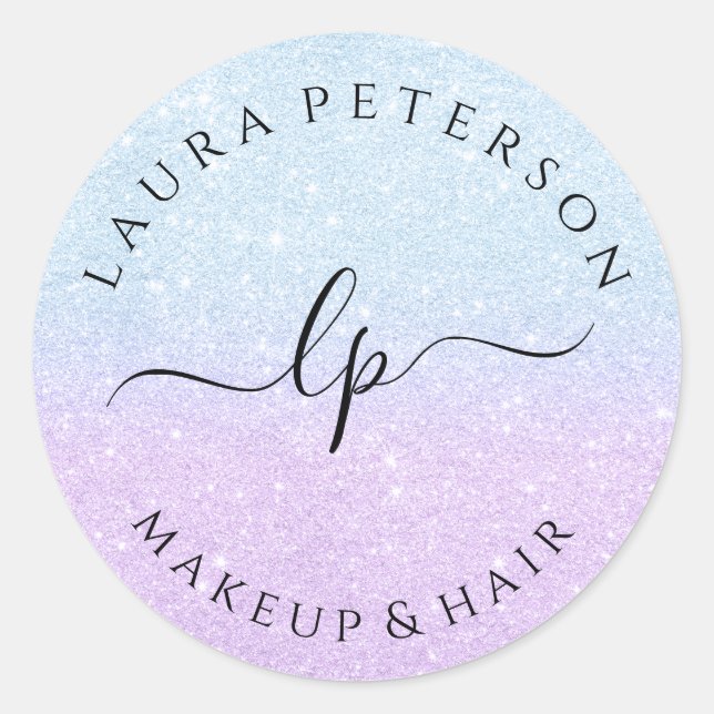 Blue purple glitter handwritten script calligraphy classic round sticker (Front)