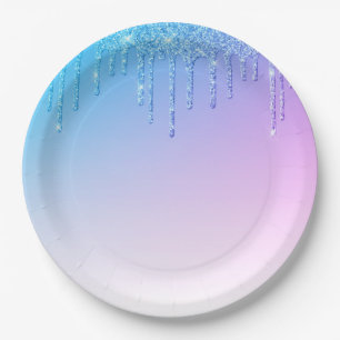 Blue Purple Glitter Ombré Glam Sparkles Paper Plate