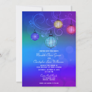 Blue Purple Glowing Paper Lanterns Wedding Invitation