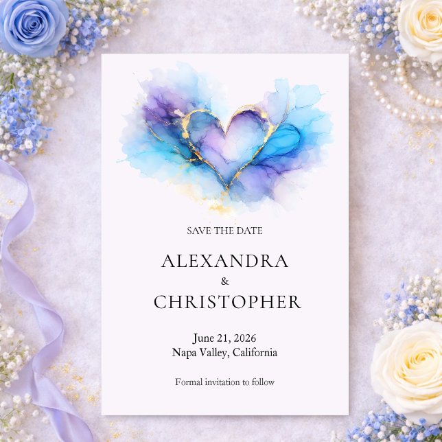 Blue Purple Gold Abstract Heart  Save the Date (Creator Uploaded)