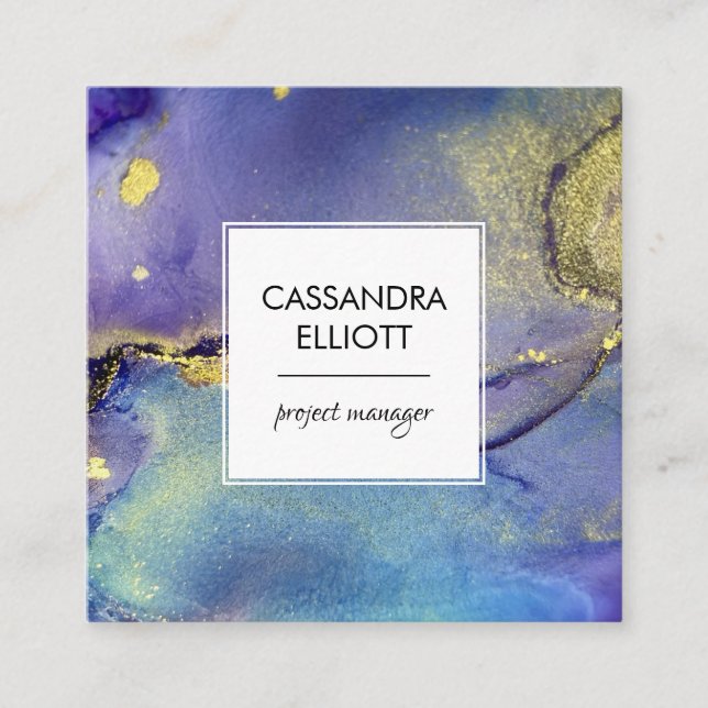 Blue Purple & Gold Alcohol Ink Liquid Art Square Business Card (Front)