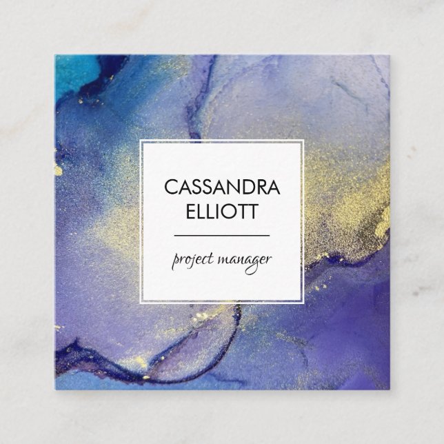 Blue Purple & Gold Alcohol Ink Liquid Art Square Business Card (Front)