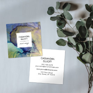 Blue Purple & Gold Alcohol Ink Liquid Art Square Business Card