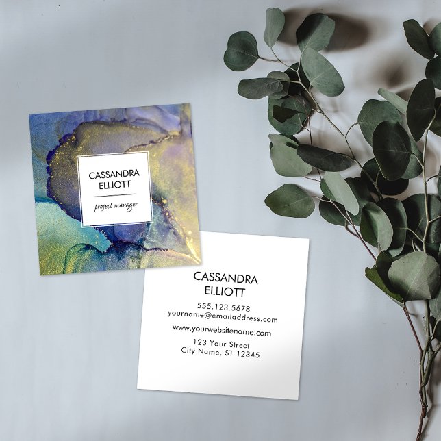 Blue Purple & Gold Alcohol Ink Liquid Art Square Business Card (Creator Uploaded)