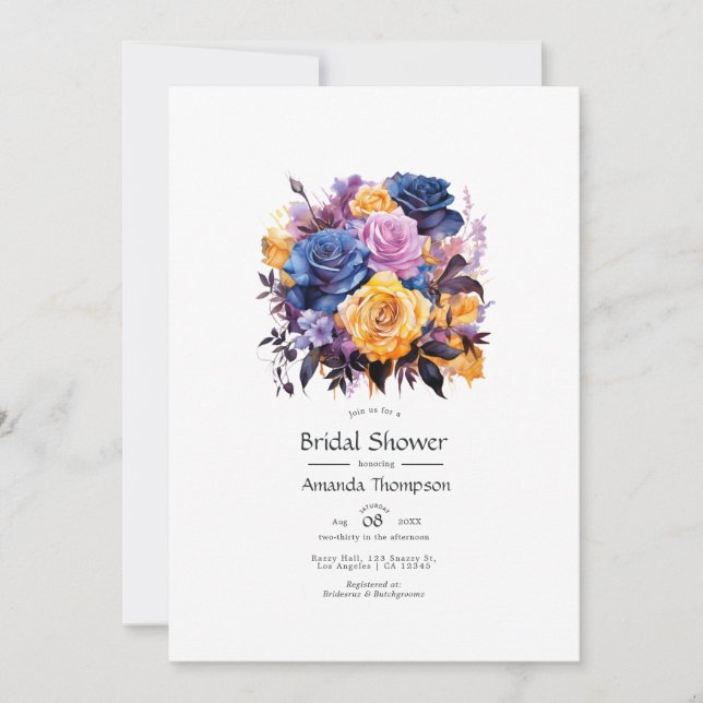 Blue, Purple, Gold, and Black Floral Bridal Shower Invitation (Front)