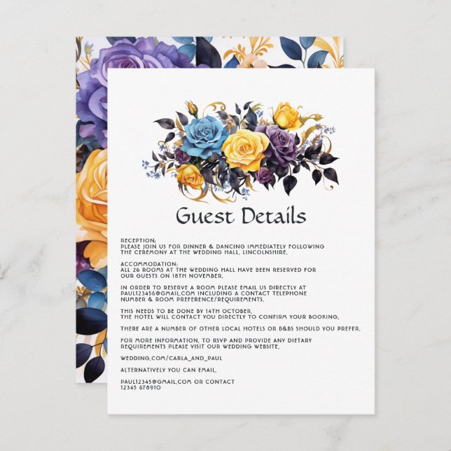 Blue, Purple, Gold, and Black Floral Guest Details Enclosure Card (Front/Back)