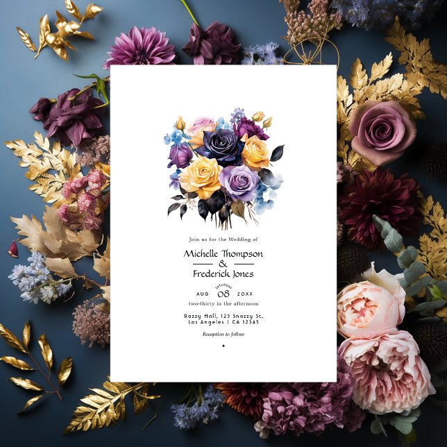 Blue, Purple, Gold, and Black Floral Wedding Invitation (Creator Uploaded)