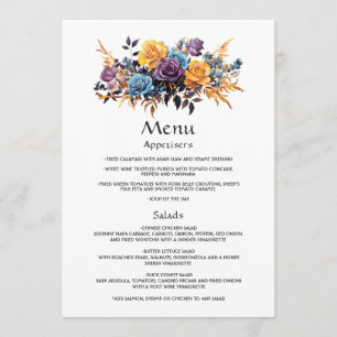 Blue, Purple, Gold, and Black Floral Wedding Menu