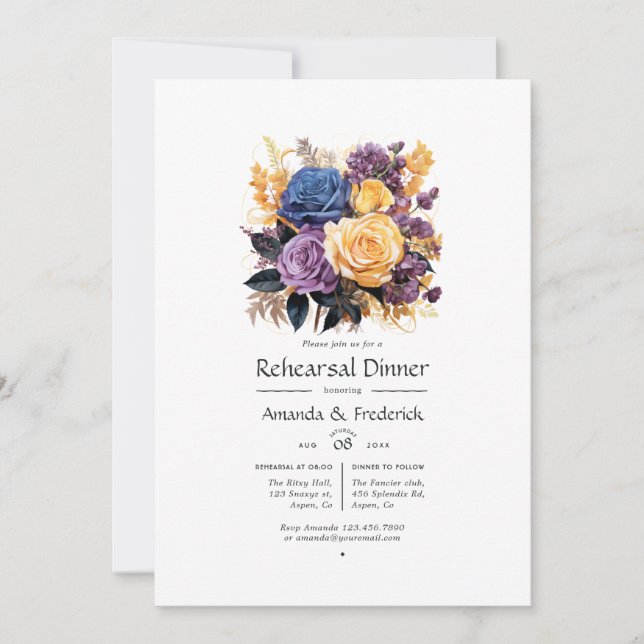 Blue, Purple, Gold, and Black Rehearsal Dinner Invitation (Front)