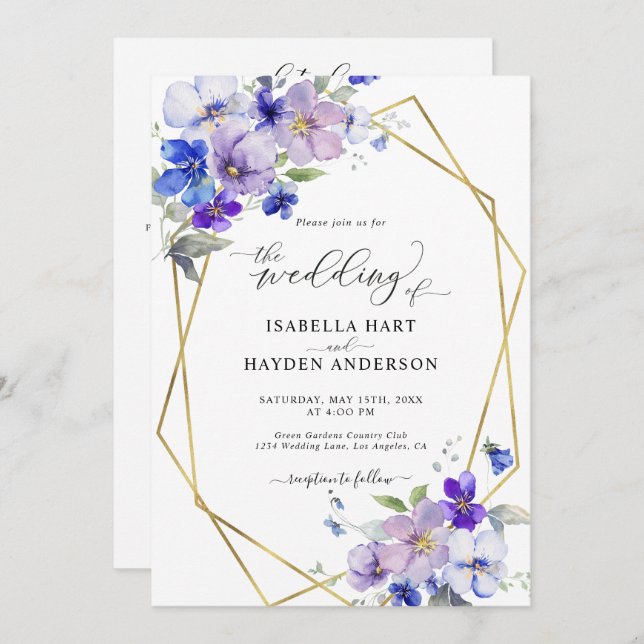 Blue Purple Gold Floral All In 1 QR Code Wedding Invitation (Front/Back)