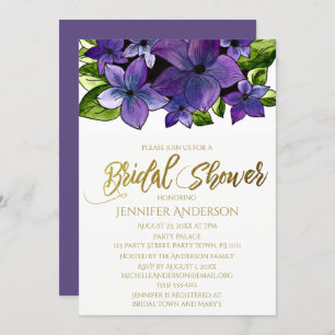 Blue Purple Gold Floral Bouquet Bridal Shower Invitation