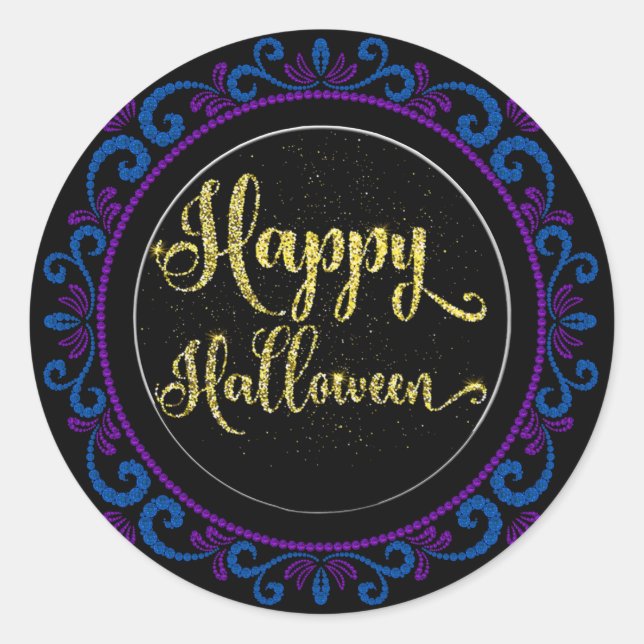 Blue Purple Gold Glitter On Black Happy Halloween Classic Round Sticker (Front)
