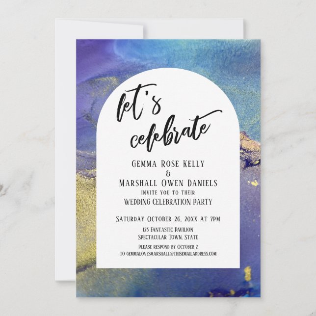 Blue Purple Gold Inks Let's Celebrate Arch Invitation (Front)
