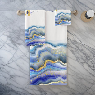 Blue Purple Gold Marble Personalized  Bath Towel Set