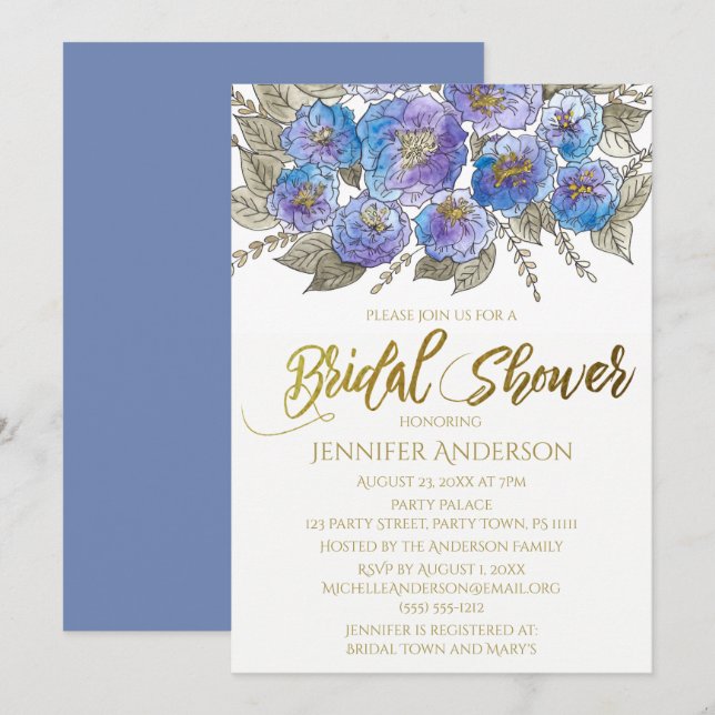 Blue Purple Gold Rose Floral Bouquet Bridal Shower Invitation (Front/Back)