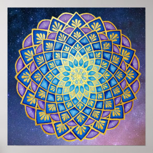 Blue Purple Golden Flower Mandala Galaxy Poster