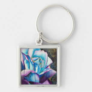 Blue purple gothic watercolor rose art key ring