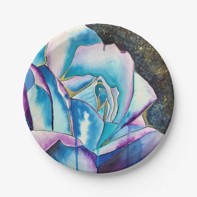 Blue purple gothic watercolor rose art paper plate (Front)