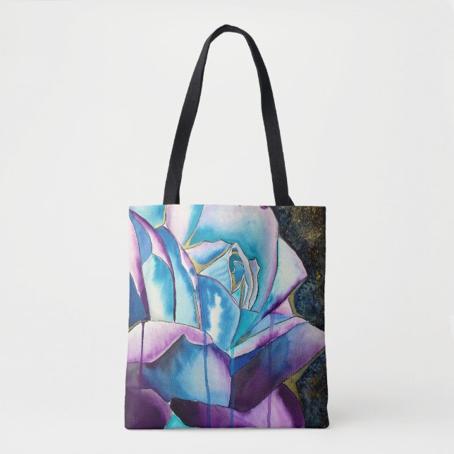 Blue purple gothic watercolor rose art tote bag (Front)
