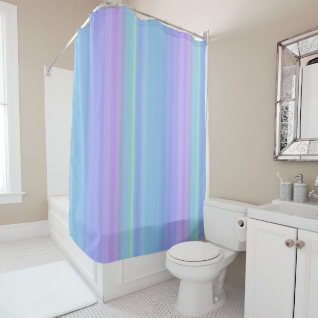Blue Purple Green Pastel Stripes Shower Curtain (In Situ)