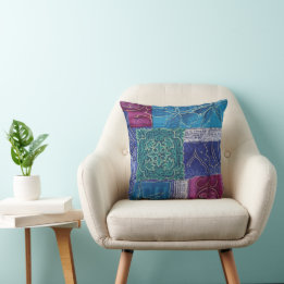 Blue Purple Green Patchwork Reversible Boho Cushion
