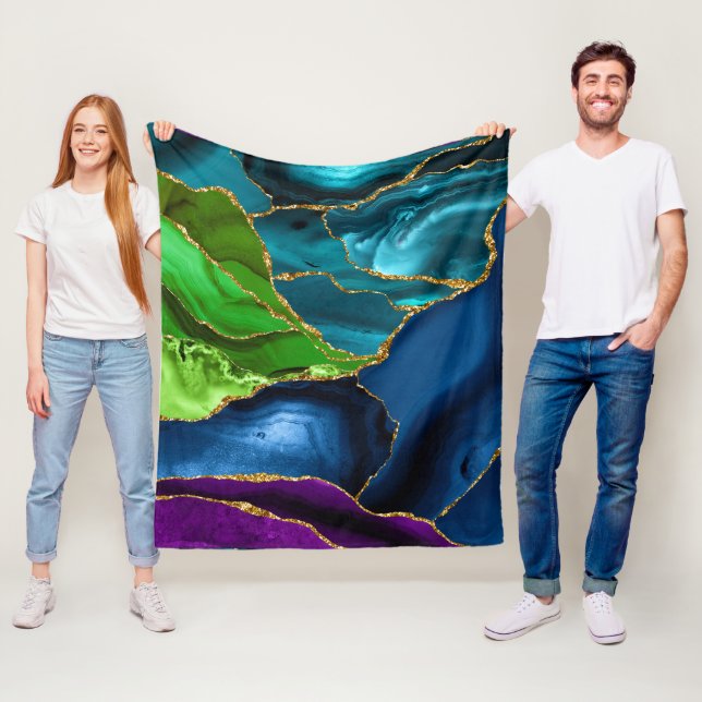 Blue, Purple & Green Peacock Agate Faux glitter Fleece Blanket (In Situ)