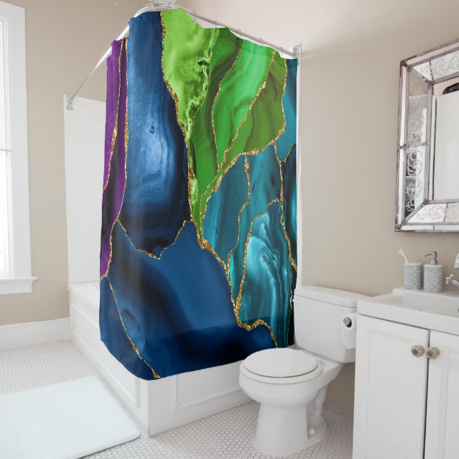 Blue, Purple & Green Peacock Agate Faux glitter Shower Curtain (In Situ)