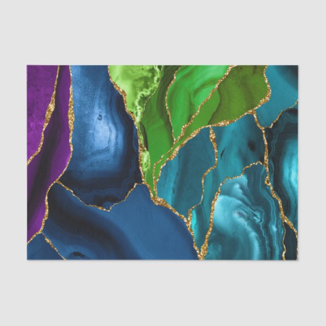 Blue, Purple & Green Peacock Agate Faux glitter Tissue Paper (Front)