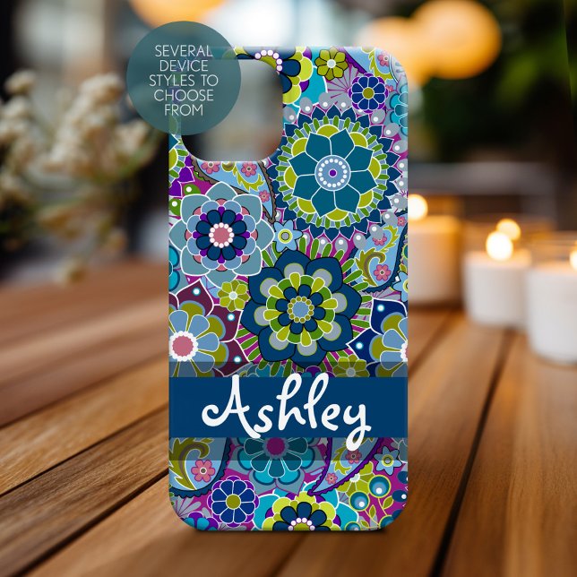 Blue Purple Green Retro Floral Pattern with Name Case-Mate iPhone Case (Personalized Phone Case)