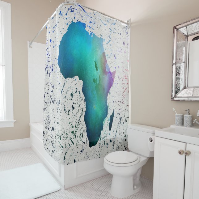 Blue, Purple & Green Watercolor Africa Shower Curtain (In Situ)