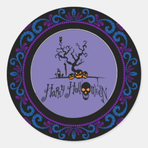 Blue Purple Happy Halloween Grave Yard Classic Round Sticker