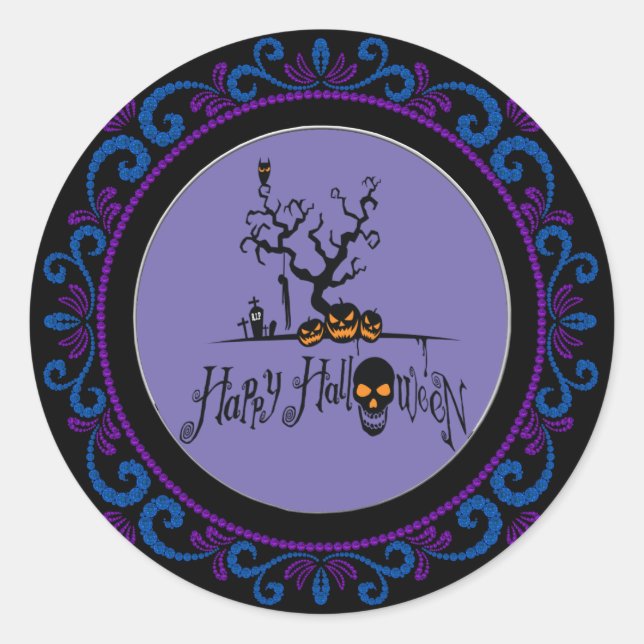 Blue Purple Happy Halloween Grave Yard Classic Round Sticker (Front)