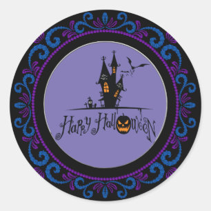 Blue Purple Happy Halloween Haunted House Classic Round Sticker