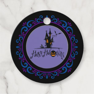 Blue Purple Happy Halloween Haunted House Favour Tags
