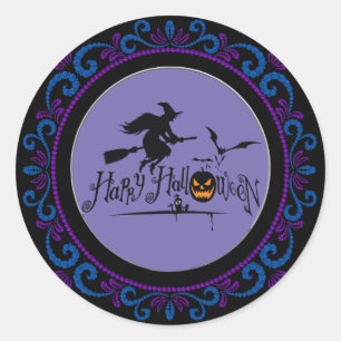 Blue Purple Happy Halloween Witch And Bats Classic Round Sticker