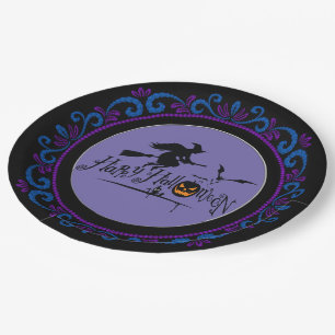 Blue Purple Happy Halloween Witch And Bats Paper Plate