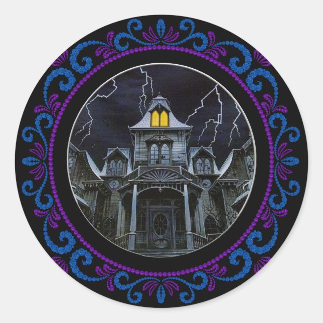 Blue Purple Haunted House Halloween Classic Round Sticker (Front)