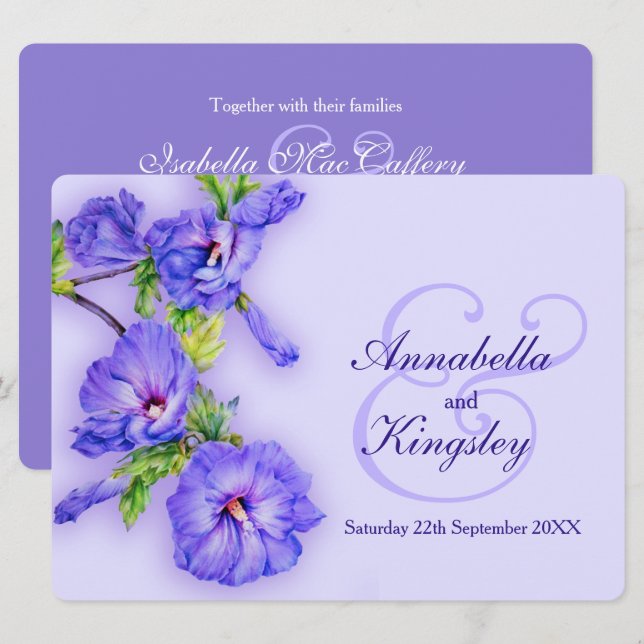 Blue purple hibiscus flower wedding invitation (Front/Back)