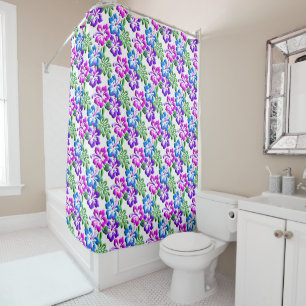 Blue Purple Hibiscus Motif Shower Curtain