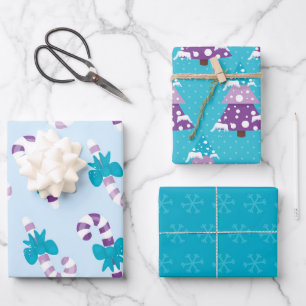BLUE & PURPLE HOLIDAY TREES CANDY CANES WRAPPING PAPER SHEET