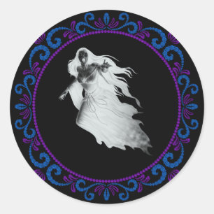 Blue Purple Lady In White Ghost Halloween Classic Round Sticker