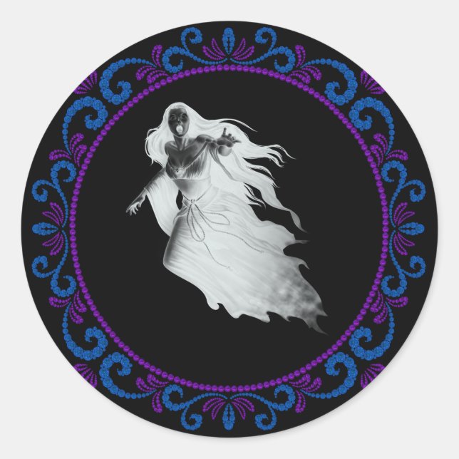 Blue Purple Lady In White Ghost Halloween Classic Round Sticker (Front)