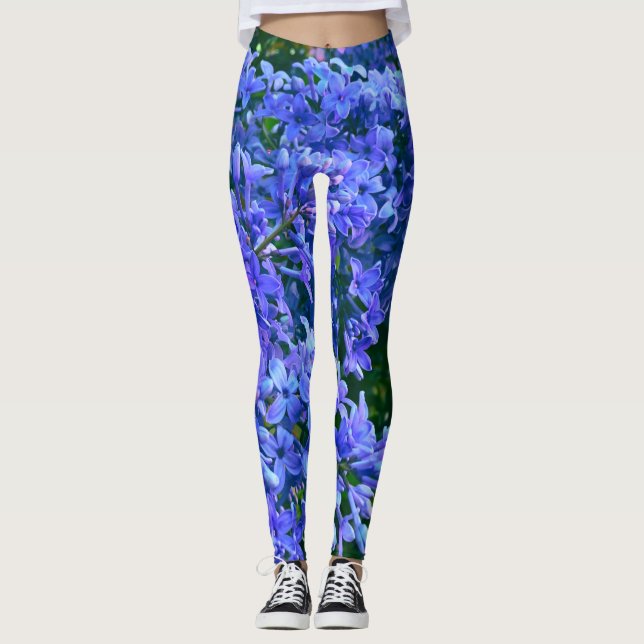 Blue purple lilacs romantic blue floral photo leggings (Front)
